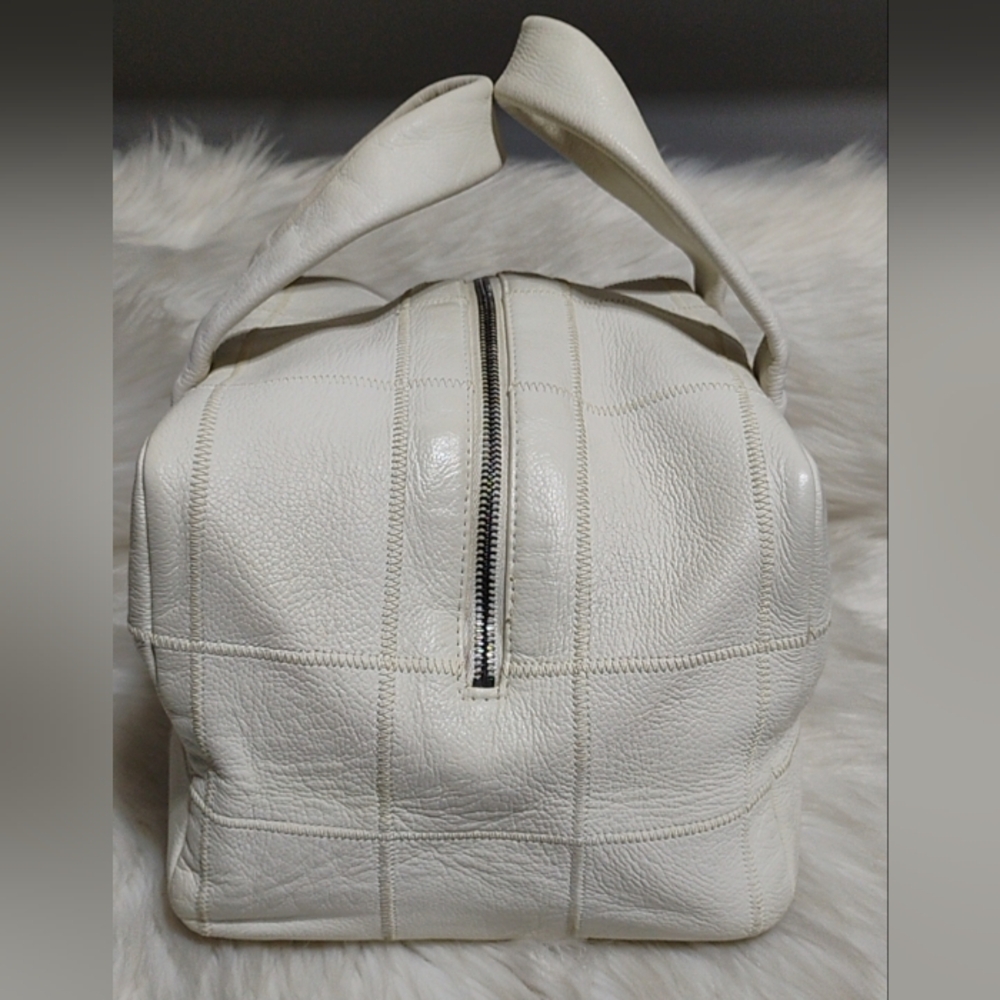 Auth Chanel Choco Bar Coco Mark Lux Square Stitch White Boston Bowler Handbag - Picture 4 of 13